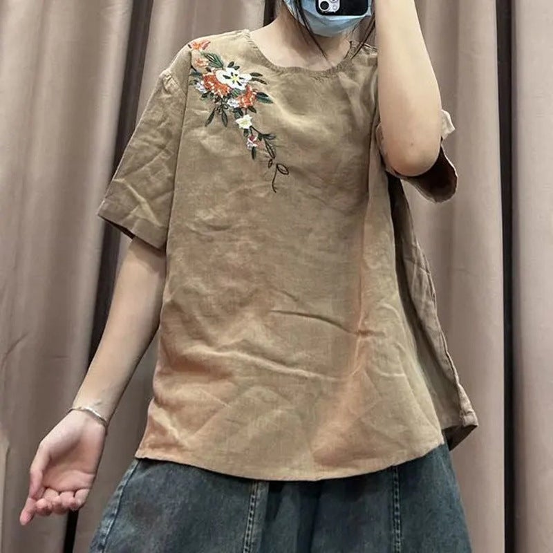 Women's Summer New Artistic Retro Embroidered Cotton and Linen Top Loose Pullover Short-sleeved Ethnic Style Flesh Covering Round Neck T-shirt - Image 5