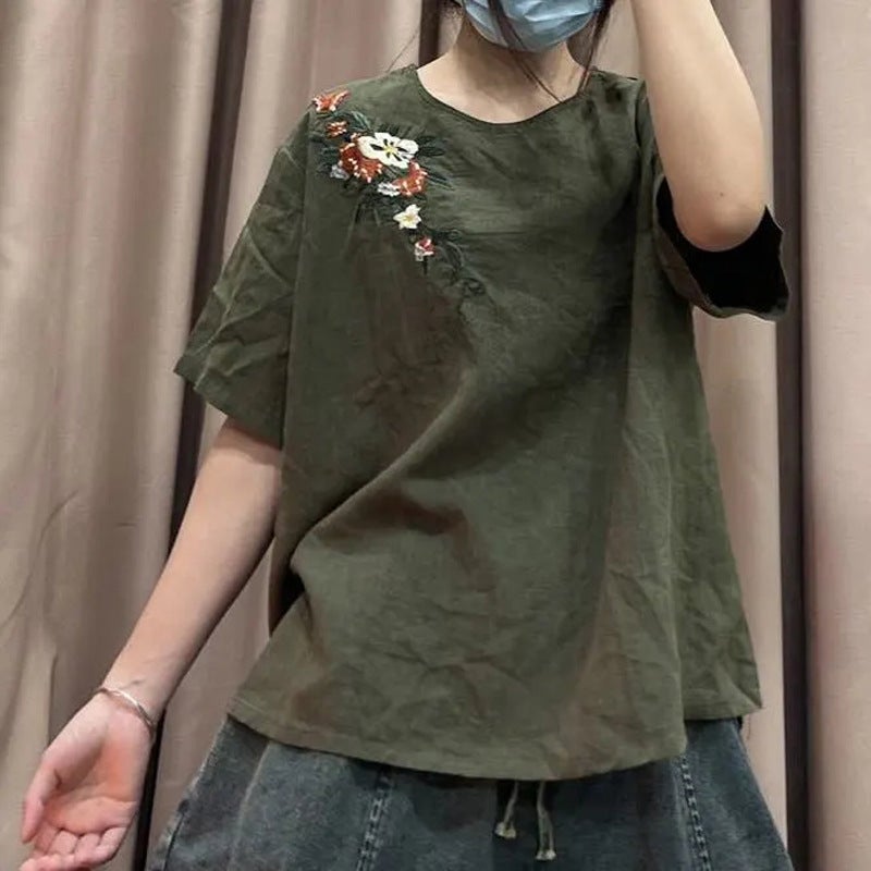 Women's Summer New Artistic Retro Embroidered Cotton and Linen Top Loose Pullover Short-sleeved Ethnic Style Flesh Covering Round Neck T-shirt - Image 4