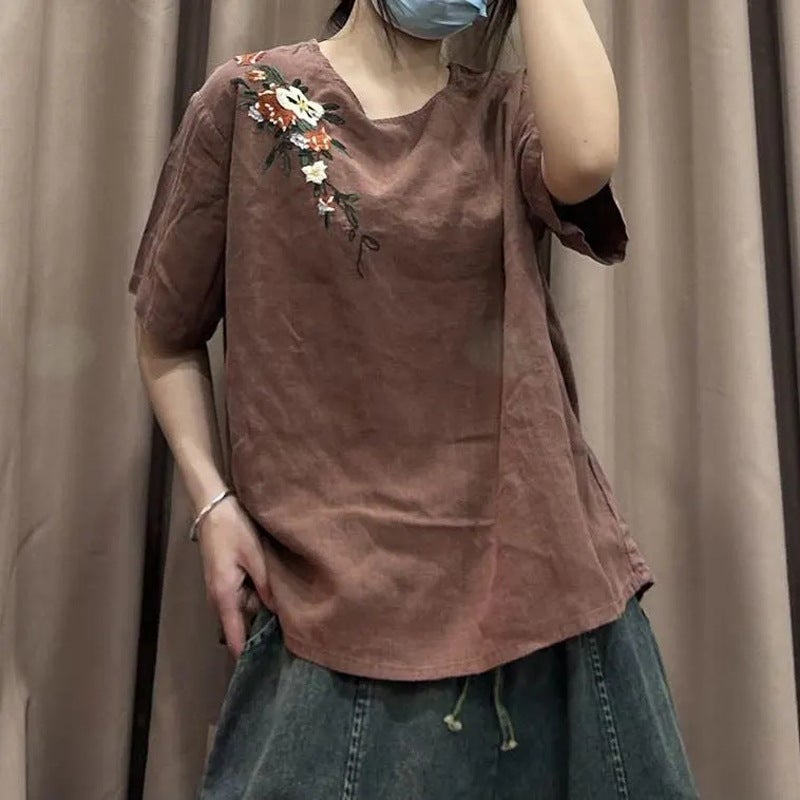Women's Summer New Artistic Retro Embroidered Cotton and Linen Top Loose Pullover Short-sleeved Ethnic Style Flesh Covering Round Neck T-shirt - Image 2