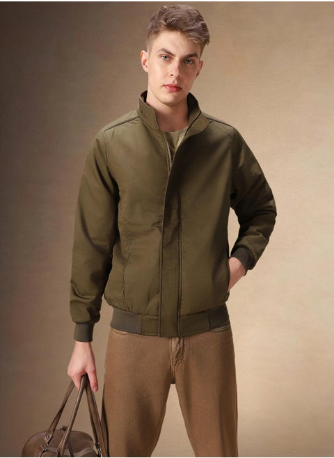 Men's Brown 100% Polyester Solid Regular Fit Jacket