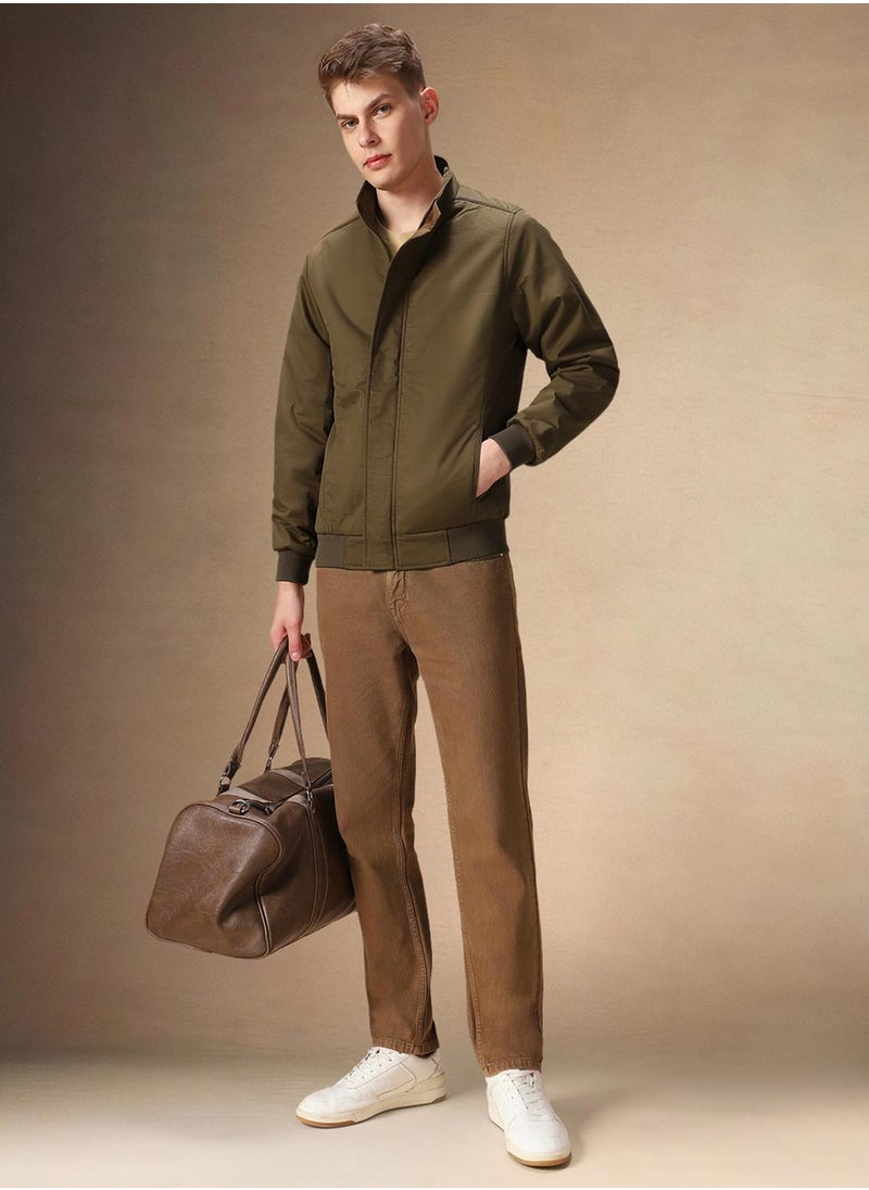 Men's Brown 100% Polyester Solid Regular Fit Jacket