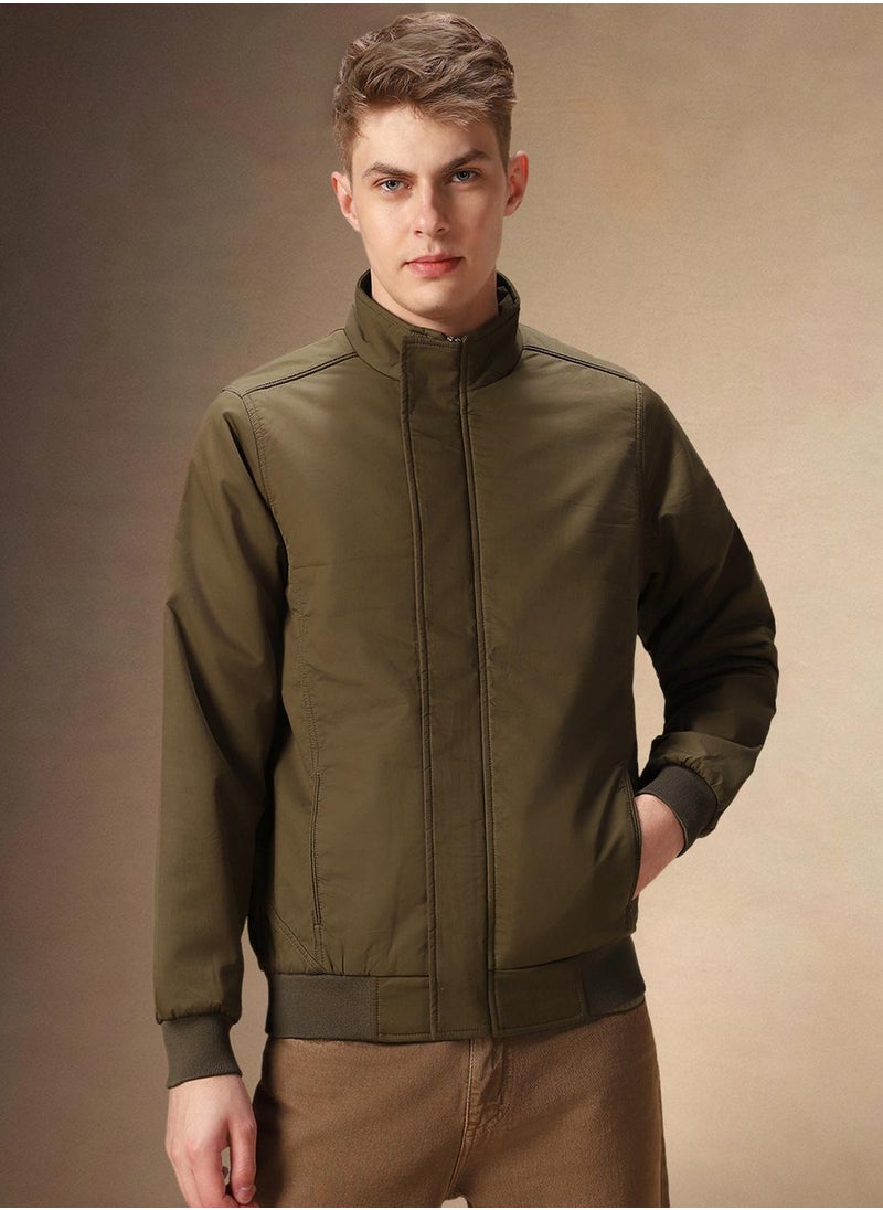 Men's Brown 100% Polyester Solid Regular Fit Jacket