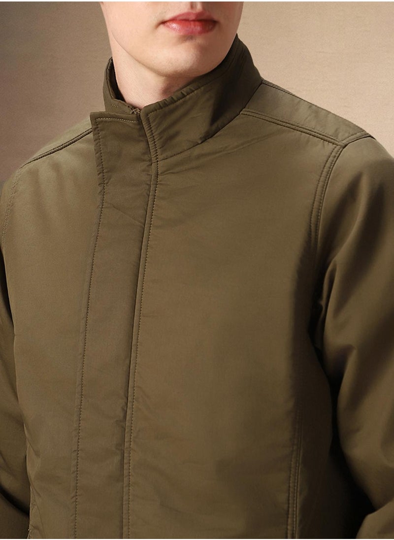 Men's Brown 100% Polyester Solid Regular Fit Jacket