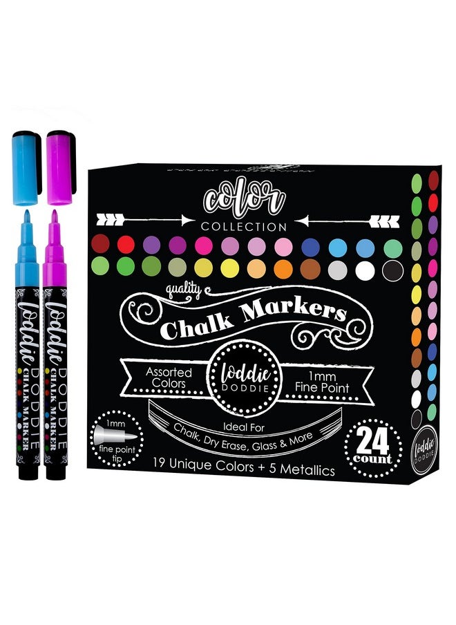 Loddie Doddie Liquid Chalk Markers - Pack Of 24 - Dust Free, 1Mm Fine Point Chalk Markers For Blackboards, Windows & Glass - Glass Marker - Erasable Ink Chalkboard Markers Pen - Chalk Pen  - Image 1