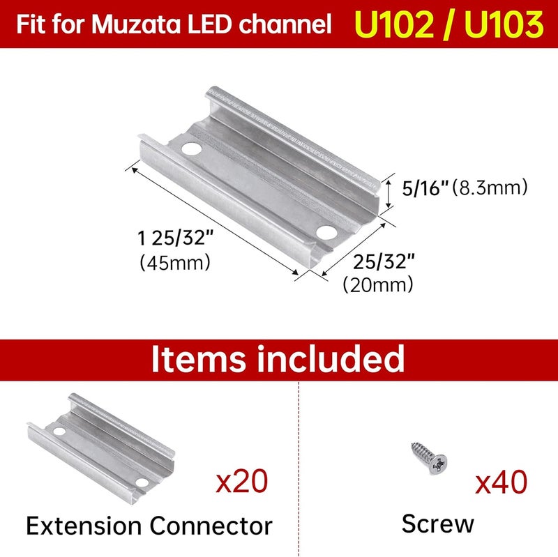 Muzata موزاتا 20 حزمة موصلات تمديد لقناة LED تناسب موزاتا U102 U103 قناة الألمنيوم على شكل U للاتصال الأطول LCB3 - Image 2