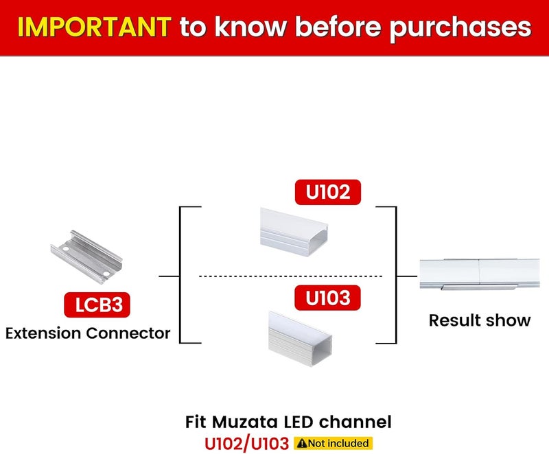 Muzata موزاتا 20 حزمة موصلات تمديد لقناة LED تناسب موزاتا U102 U103 قناة الألمنيوم على شكل U للاتصال الأطول LCB3 - Image 3