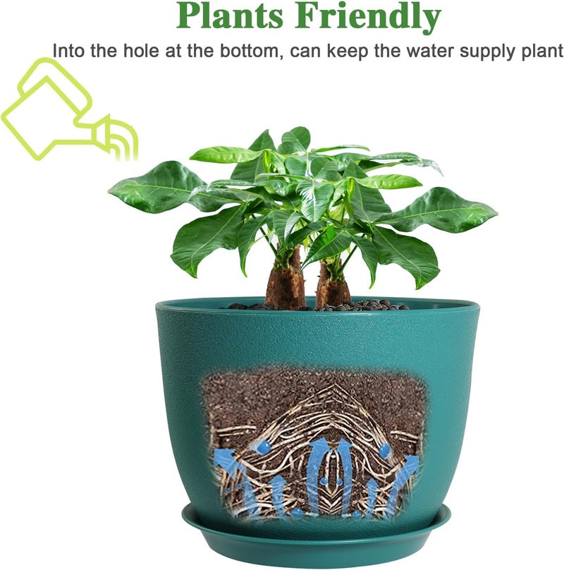 12/10/9 أواني نباتات حديثة كبيرة، أواني بلاستيكية مع فتحات تصريف وصحون للنباتات الداخلية والخارجية والزهور، أخضر ملكيت - Image 4
