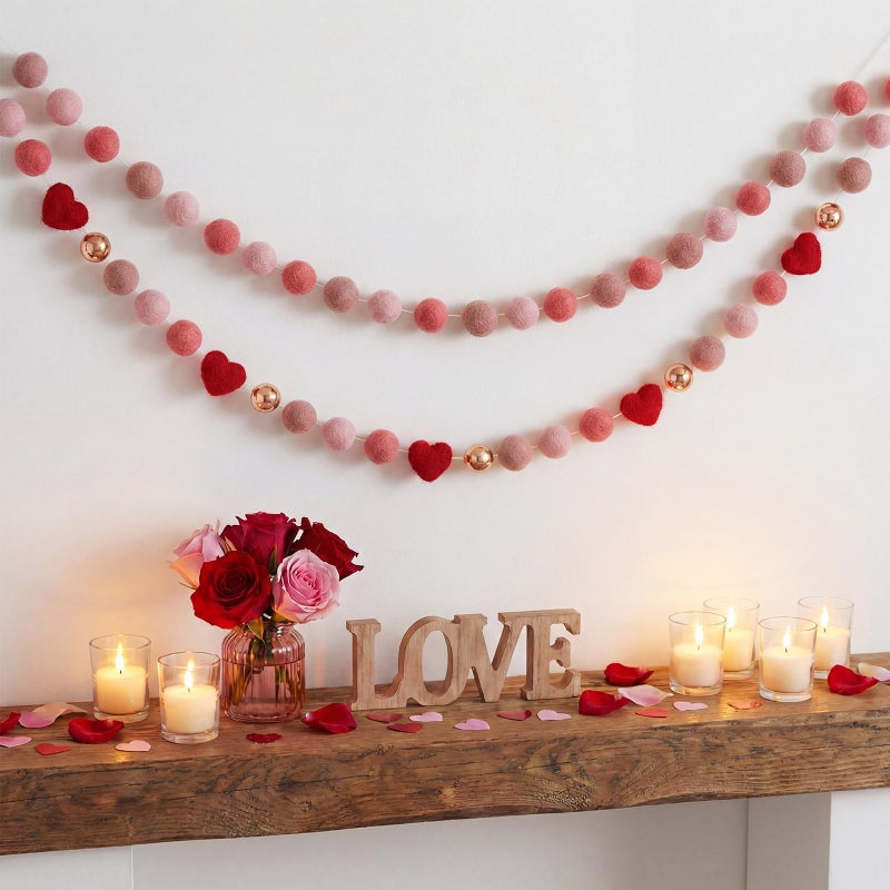 Tegeme 2 Pcs Valentine's Day Felt Ball Garland Decorations Red Pink Heart Ball Valentine Pom Garland Wool Felt Banner for Home Tree Decor Galentine Birthday Party Supplies Anniversary Wedding - Image 1
