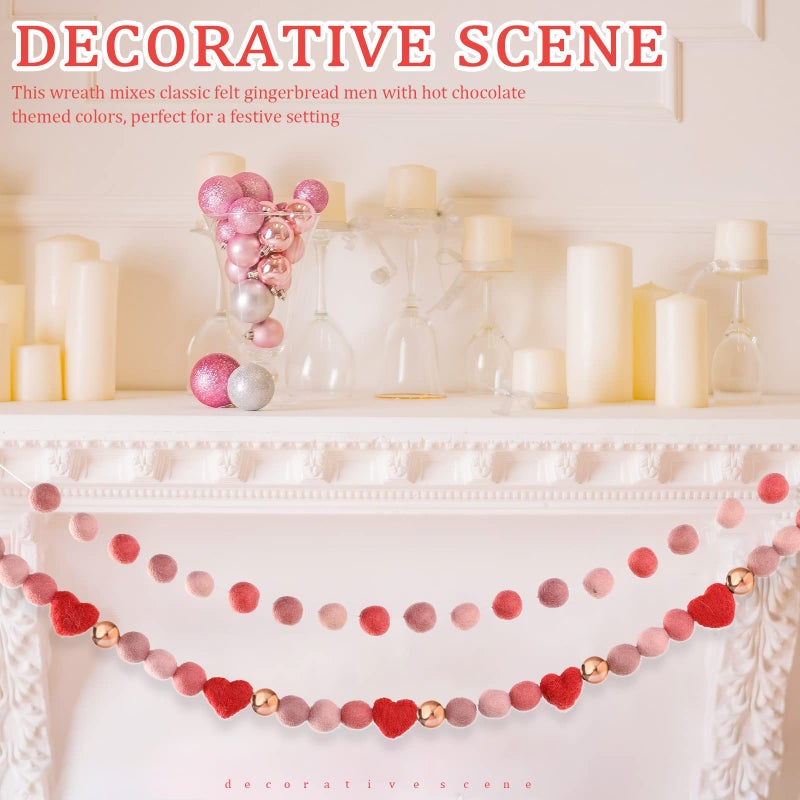 Tegeme 2 Pcs Valentine's Day Felt Ball Garland Decorations Red Pink Heart Ball Valentine Pom Garland Wool Felt Banner for Home Tree Decor Galentine Birthday Party Supplies Anniversary Wedding - Image 5