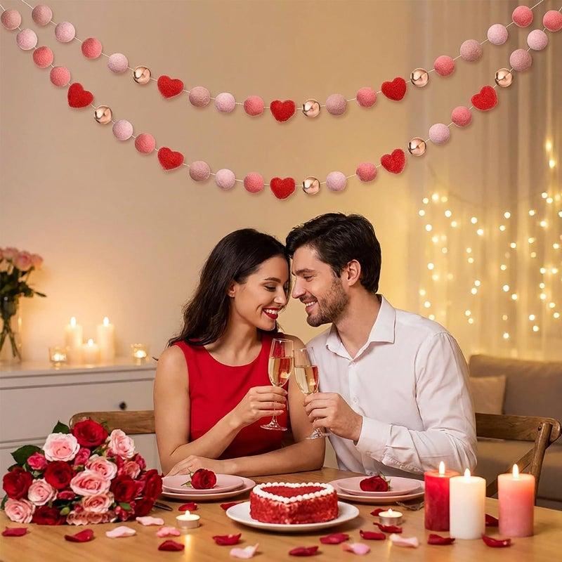 Tegeme 2 Pcs Valentine's Day Felt Ball Garland Decorations Red Pink Heart Ball Valentine Pom Garland Wool Felt Banner for Home Tree Decor Galentine Birthday Party Supplies Anniversary Wedding - Image 3