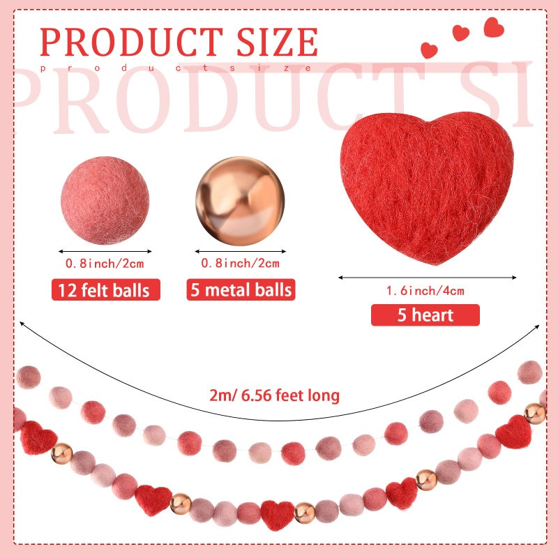 Tegeme 2 Pcs Valentine's Day Felt Ball Garland Decorations Red Pink Heart Ball Valentine Pom Garland Wool Felt Banner for Home Tree Decor Galentine Birthday Party Supplies Anniversary Wedding - Image 2