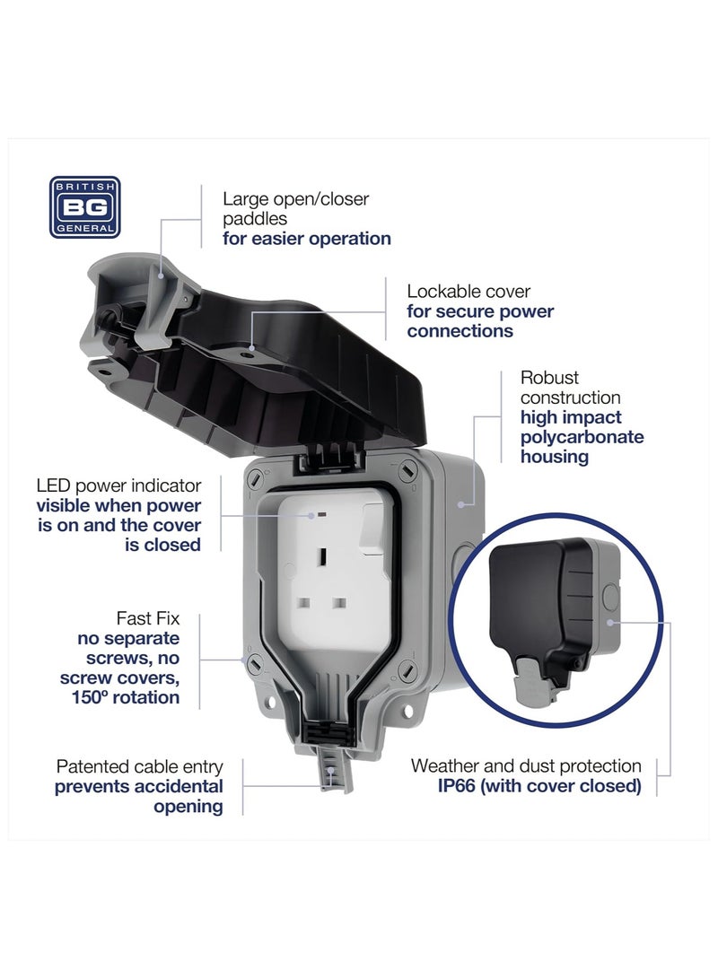 BG Electrical Single Weatherproof Outdoor Switched Power Socket, IP66 Rated, 13 Amp, Grey ,One Size WP21-01 - Image 2