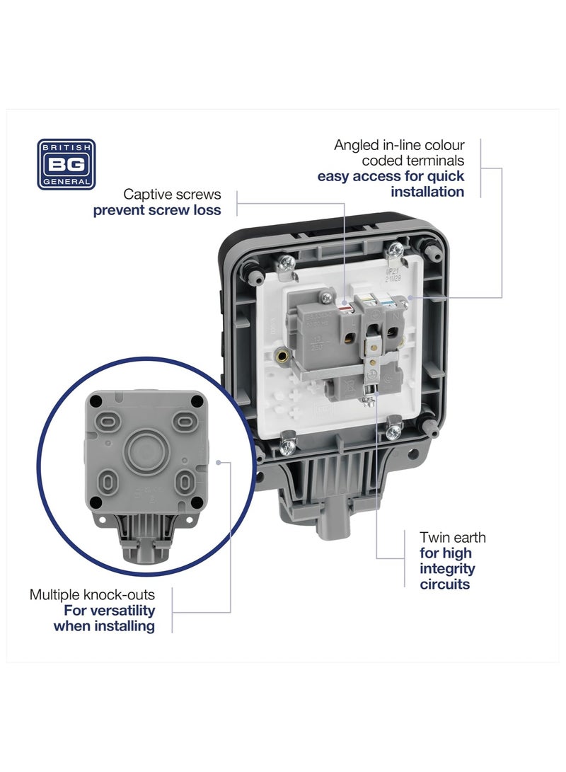 BG Electrical Single Weatherproof Outdoor Switched Power Socket, IP66 Rated, 13 Amp, Grey ,One Size WP21-01 - Image 3