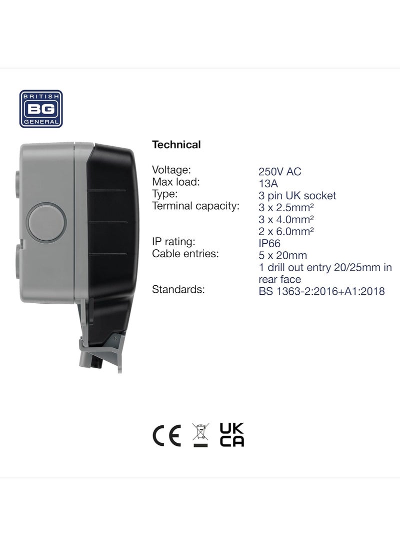 BG Electrical Single Weatherproof Outdoor Switched Power Socket, IP66 Rated, 13 Amp, Grey ,One Size WP21-01 - Image 4