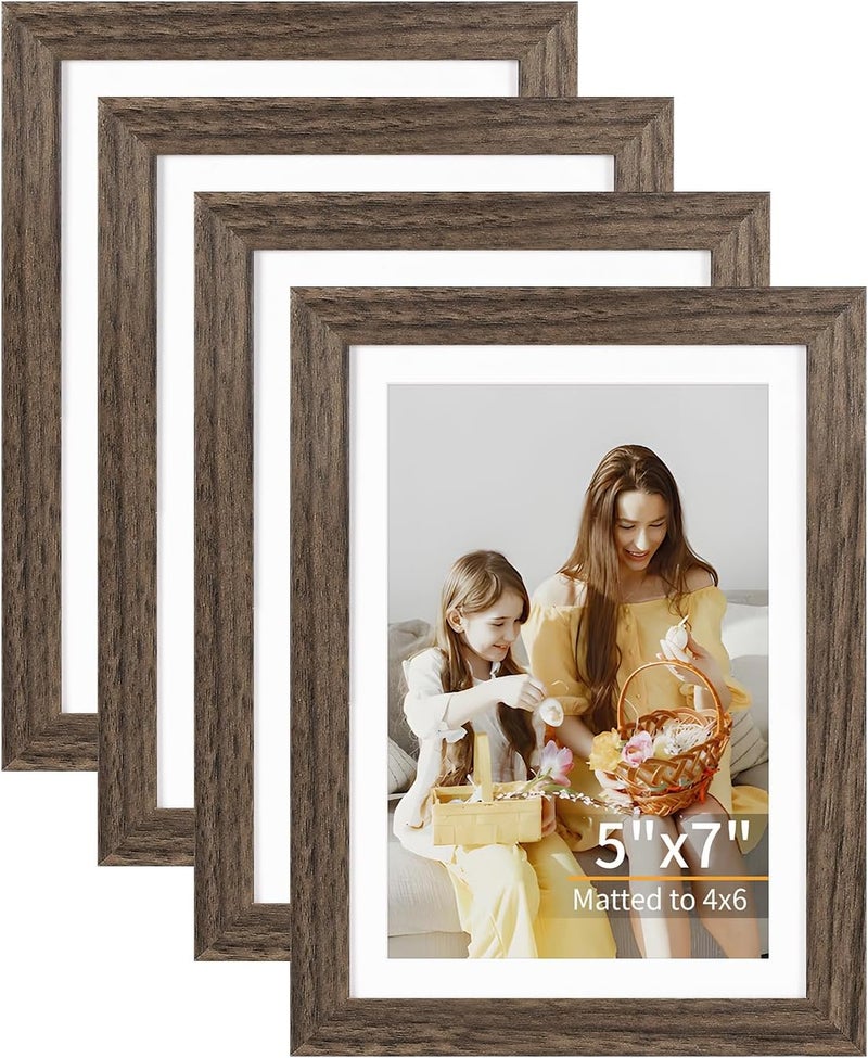 ATOBART مجموعة إطارات صور ATOBART 5x7 من 4 قطع، تعرض 4x6 مع حصيرة أو 5x7 بدون حصيرة، إطارات صور للتعليق على الحائط أو الطاولة، تشمل زجاج بليكسيجلاس عالي الوضوح، بني يلبي حاجات متنوعة - Image 1