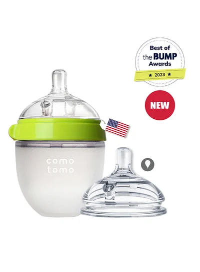 comotomo Natural Feel Baby Bottle 150 ML With Pack Of 2 Natural Teat Silicone Nipples, 1 Hole With Slow Flow, 0 - 3 Months