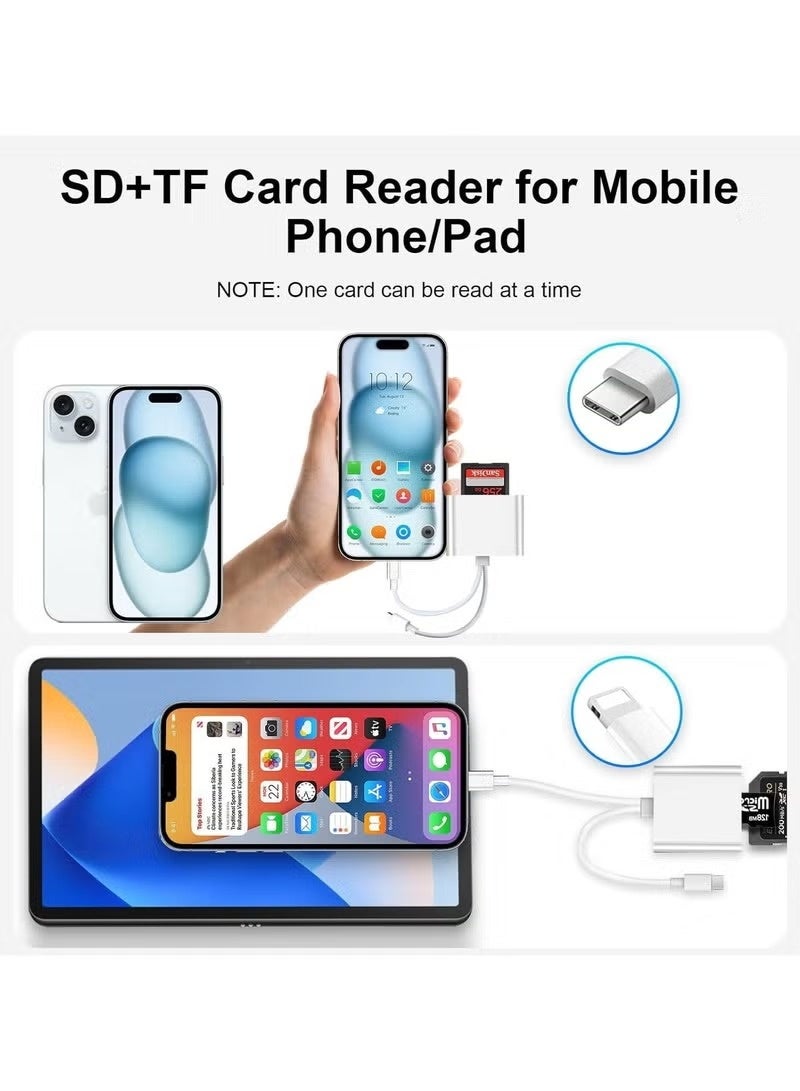 قارئ بطاقات SD لأجهزة iPhone و iPad، محول بطاقات ذاكرة SD و TF ثنائي الفتحة، قارئ كاميرات USB-C و Lightning، سهل الاستخدام، عارض بطاقات Micro SD محمول، متوافق مع كاميرات المراقبة. - Image 3