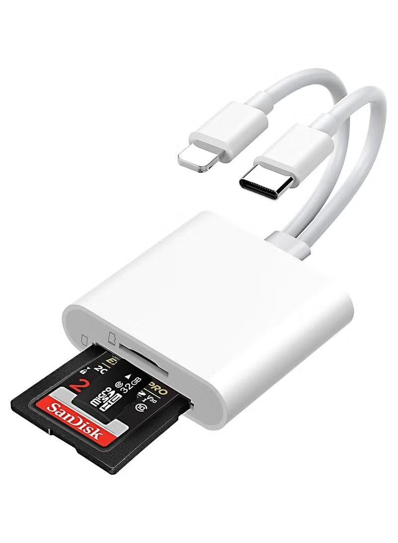 قارئ بطاقات SD لأجهزة iPhone و iPad، محول بطاقات ذاكرة SD و TF ثنائي الفتحة، قارئ كاميرات USB-C و Lightning، سهل الاستخدام، عارض بطاقات Micro SD محمول، متوافق مع كاميرات المراقبة. - Image 1