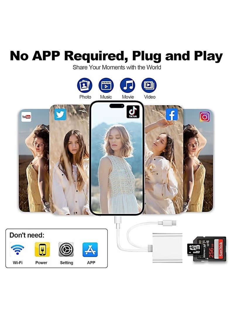 قارئ بطاقات SD لأجهزة iPhone و iPad، محول بطاقات ذاكرة SD و TF ثنائي الفتحة، قارئ كاميرات USB-C و Lightning، سهل الاستخدام، عارض بطاقات Micro SD محمول، متوافق مع كاميرات المراقبة. - Image 4