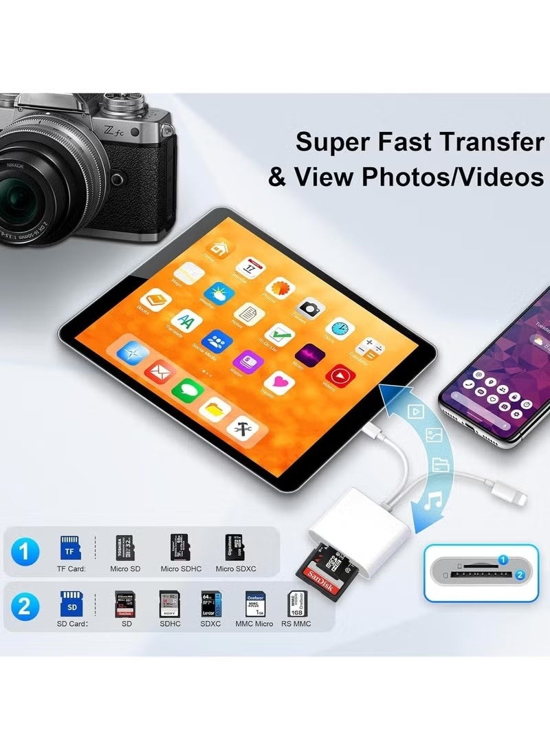 قارئ بطاقات SD لأجهزة iPhone و iPad، محول بطاقات ذاكرة SD و TF ثنائي الفتحة، قارئ كاميرات USB-C و Lightning، سهل الاستخدام، عارض بطاقات Micro SD محمول، متوافق مع كاميرات المراقبة. - Image 2
