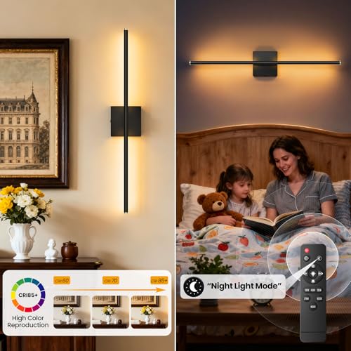 ZZXX 28 Inch Hardwire Wall Sconce Set of 2, 2700K-6500K Wall Lights with Remote Control, 350° Rotate LED Bathroom Wall Lamp Dimmable for Living Room Bedroom Bedside Light Fixtures - Image 3