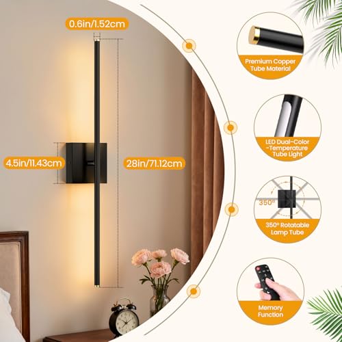 ZZXX 28 Inch Hardwire Wall Sconce Set of 2, 2700K-6500K Wall Lights with Remote Control, 350° Rotate LED Bathroom Wall Lamp Dimmable for Living Room Bedroom Bedside Light Fixtures - Image 5