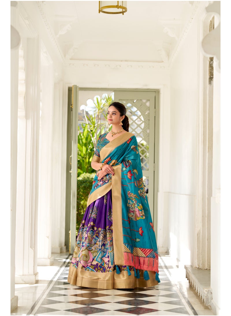 Super Asian Elegant Dola Silk Lehenga Set with Kalamkari Print, Weaving Border & Tassel Dupatta | Stitched Lehenga + Unstitched Blouse  - Image 1