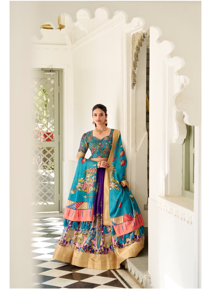 Super Asian Elegant Dola Silk Lehenga Set with Kalamkari Print, Weaving Border & Tassel Dupatta | Stitched Lehenga + Unstitched Blouse  - Image 4