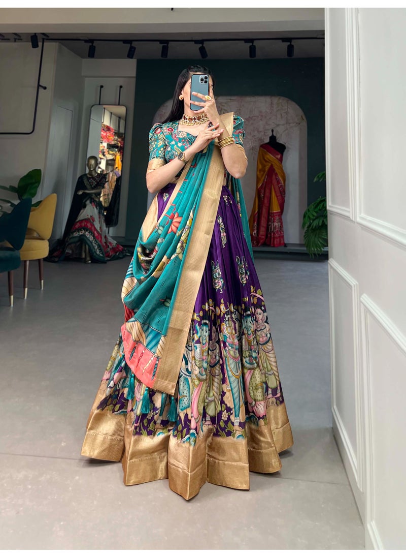Super Asian Elegant Dola Silk Lehenga Set with Kalamkari Print, Weaving Border & Tassel Dupatta | Stitched Lehenga + Unstitched Blouse  - Image 5