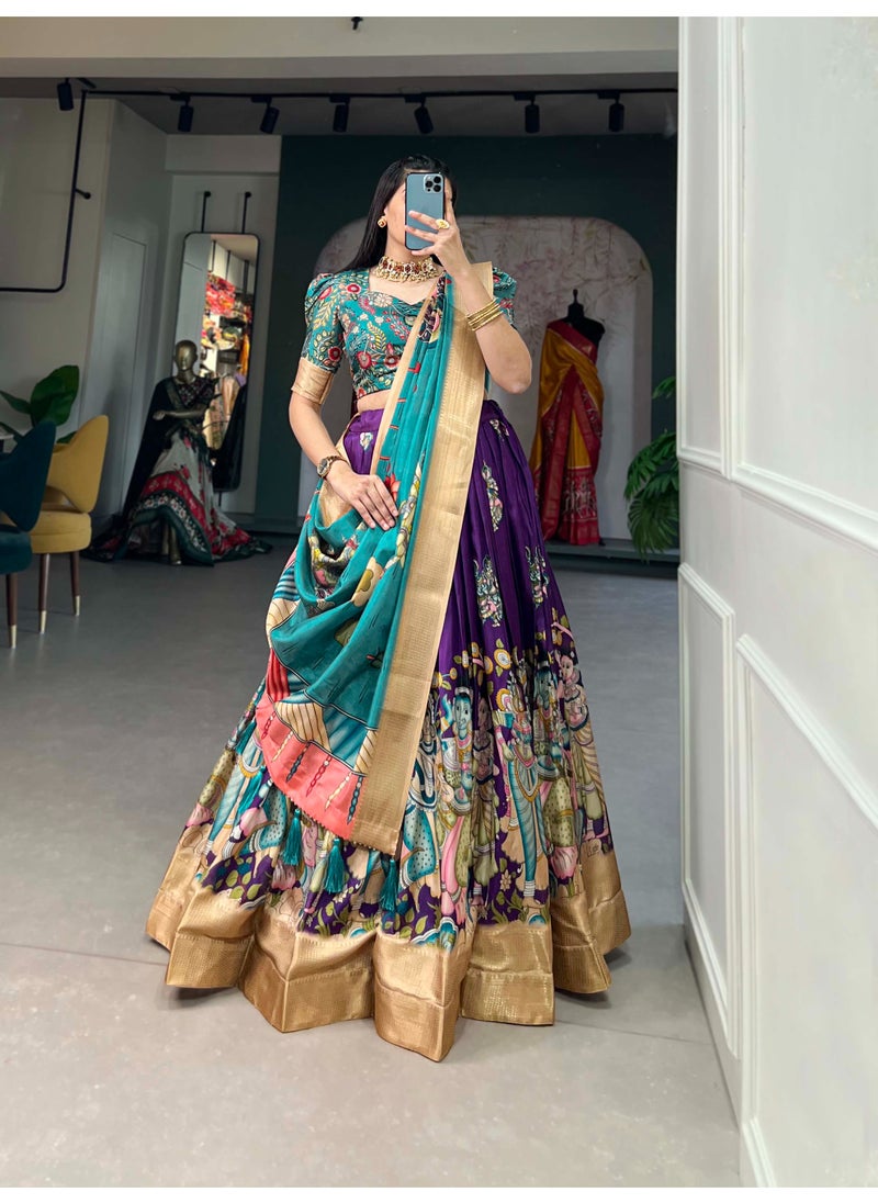 Super Asian Elegant Dola Silk Lehenga Set with Kalamkari Print, Weaving Border & Tassel Dupatta | Stitched Lehenga + Unstitched Blouse  - Image 3