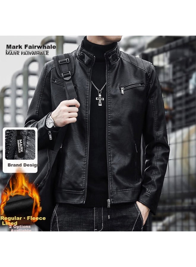 Mark Fairwhale Men's Leather Work Jacket Winter Stand Collar Biker Coat Black 4XL - Image 2
