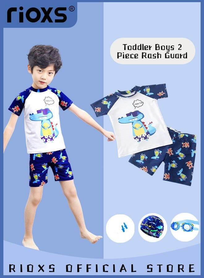 RIOXS Toddlers Boys 2 Piece Rash Guard Swimsuits Set Swimsuit With Bathing Cap Bathing Cap And Earplug(Pack Of 4) - Image 2