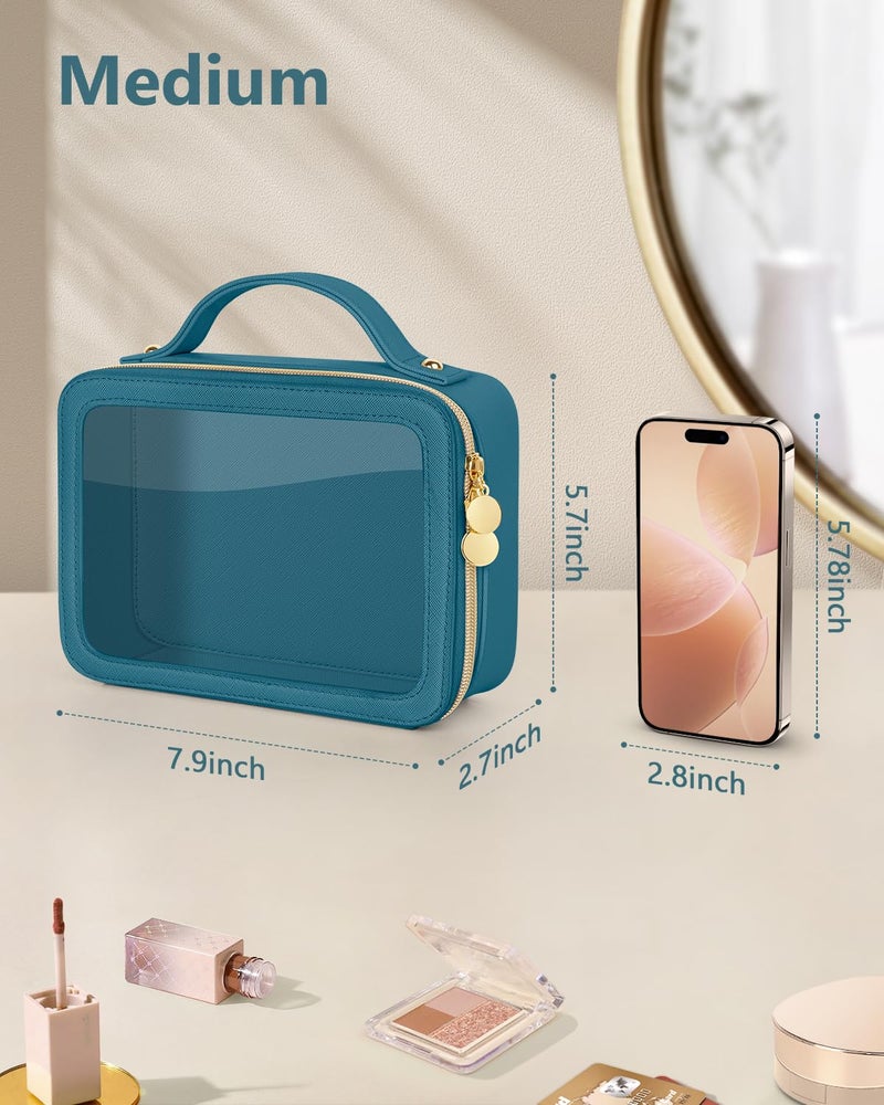 Soimeat Clear Makeup Bag, Portable Travel Cosmetic Bags, Multipurpose Leather Toiletry Bag with Zipper, Waterproof Transparent Cosmetic Organizer for Women, Medium, Blue - Image 5
