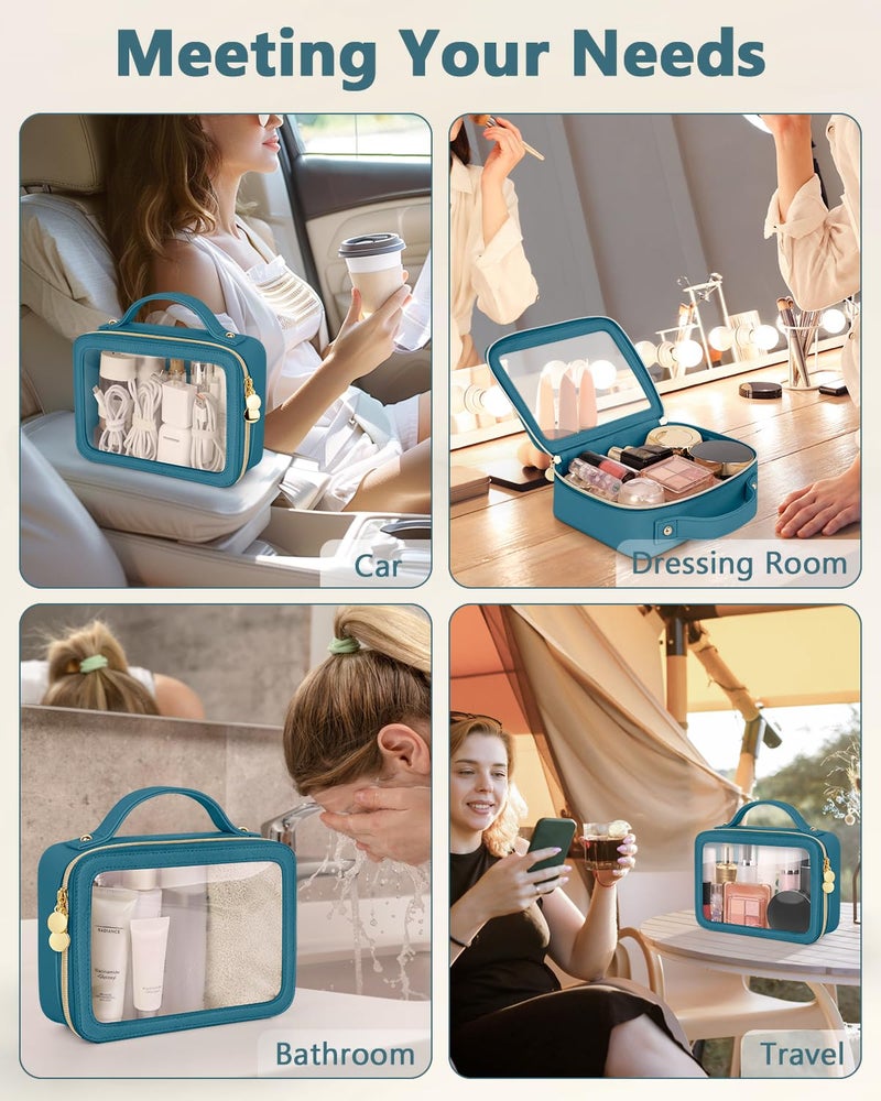 Soimeat Clear Makeup Bag, Portable Travel Cosmetic Bags, Multipurpose Leather Toiletry Bag with Zipper, Waterproof Transparent Cosmetic Organizer for Women, Medium, Blue - Image 4