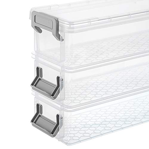 BTSKY Long Plastic Stackable Boxes Home, Office Supplies Storage Organizer Pencil Box Plastic Organizer Holder for Gel Pens Erasers Tape Pens Pencils Markers etc- 3 Pack - Clear with Grey Clip - Image 5