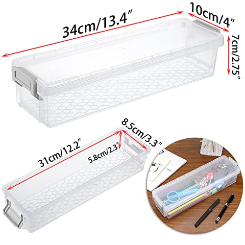BTSKY Long Plastic Stackable Boxes Home, Office Supplies Storage Organizer Pencil Box Plastic Organizer Holder for Gel Pens Erasers Tape Pens Pencils Markers etc- 3 Pack - Clear with Grey Clip - Image 2