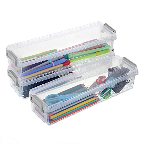 BTSKY Long Plastic Stackable Boxes Home, Office Supplies Storage Organizer Pencil Box Plastic Organizer Holder for Gel Pens Erasers Tape Pens Pencils Markers etc- 3 Pack - Clear with Grey Clip - Image 1