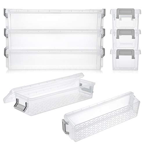 BTSKY Long Plastic Stackable Boxes Home, Office Supplies Storage Organizer Pencil Box Plastic Organizer Holder for Gel Pens Erasers Tape Pens Pencils Markers etc- 3 Pack - Clear with Grey Clip - Image 4