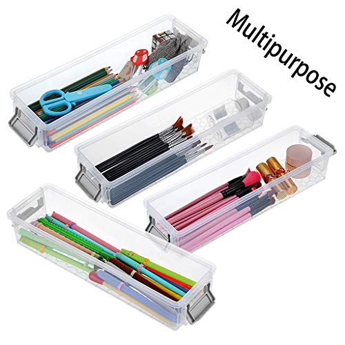 BTSKY Long Plastic Stackable Boxes Home, Office Supplies Storage Organizer Pencil Box Plastic Organizer Holder for Gel Pens Erasers Tape Pens Pencils Markers etc- 3 Pack - Clear with Grey Clip - Image 3