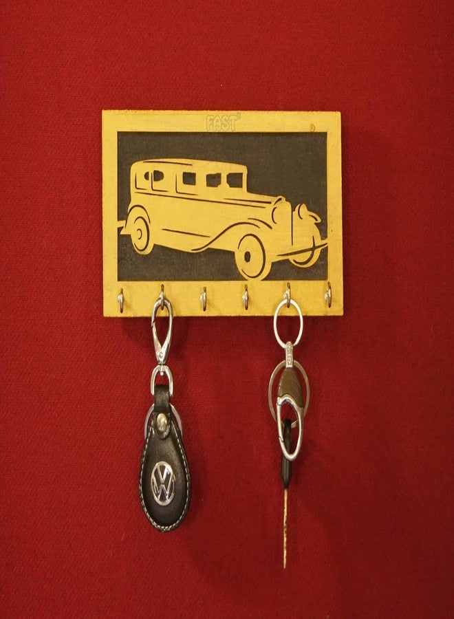 FAST KHW7 Wooden Wall Key Holder (20 cm x 10 cm x 1 cm, Wood, Black & Gold) - 6 Hanging Keys Hook Hanger for Home, Office & Hotel Decor (CAR Key Holder Rack) - Image 2