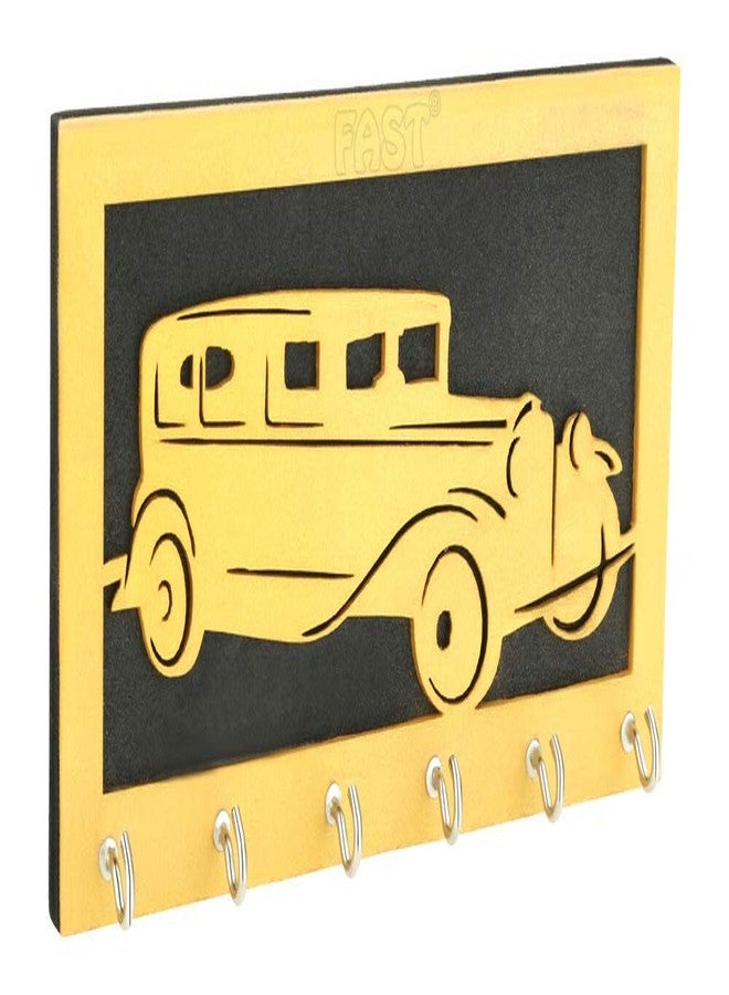 FAST KHW7 Wooden Wall Key Holder (20 cm x 10 cm x 1 cm, Wood, Black & Gold) - 6 Hanging Keys Hook Hanger for Home, Office & Hotel Decor (CAR Key Holder Rack) - Image 1