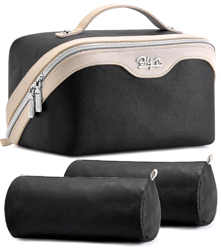 BOYATU Travel Makeup Bag Organizer Cosmetic Bag: 3 Pcs Set Make up Bags for Women with Handle - Waterproof Vegan Leather Toiletry Bags Travel Essentials Pouch with Compartments (A-01-Black) - Image 1