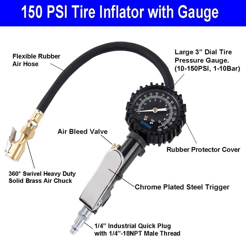 YOTOO Recoil Air Hose Kit with Tire Inflator Gauge and Quick Coupler - Image 2