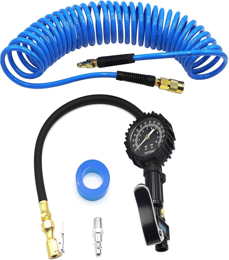 YOTOO Recoil Air Hose Kit with Tire Inflator Gauge and Quick Coupler - Image 1