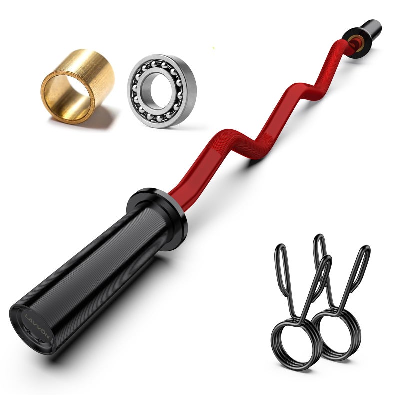 LAVVON Olympic EZ Curl Barbell Bar 47",Mute Bearings - 2" Curl Bar for Weight Lifting, Hip Thrusts,Biceps,Squat-Home Gym Weight Bar-Chrome Curling Strength Training, 2Pcs Collars(800lbs Weight Capacity) (Red) - Image 1