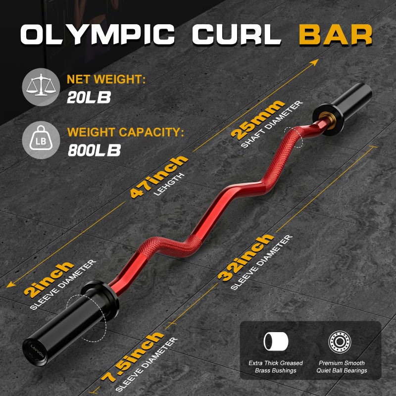 LAVVON Olympic EZ Curl Barbell Bar 47",Mute Bearings - 2" Curl Bar for Weight Lifting, Hip Thrusts,Biceps,Squat-Home Gym Weight Bar-Chrome Curling Strength Training, 2Pcs Collars(800lbs Weight Capacity) (Red) - Image 3