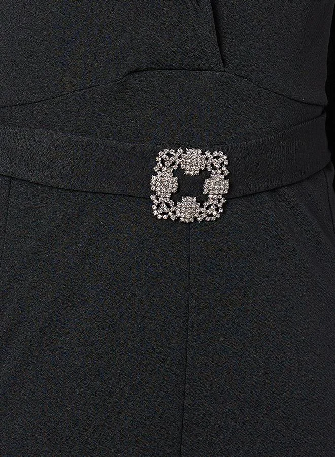 Styli Faux Feather Textured Knit Jumpsuit with Embellished Buckle