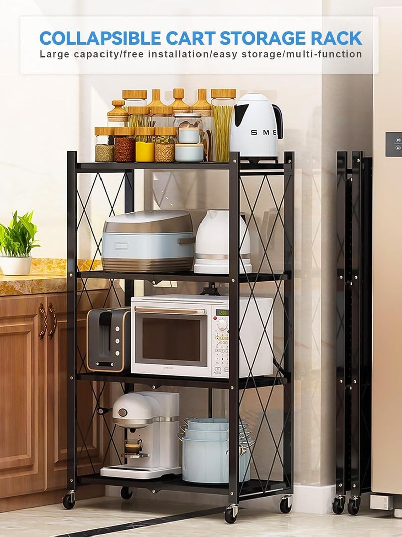 Lanstics 4 Tier Foldable Folding Shelves Heavy Duty Storage Shelving with Wheels Metal Shelf Standing Shelves Units for Home Kitchen Living Room Black - Image 4