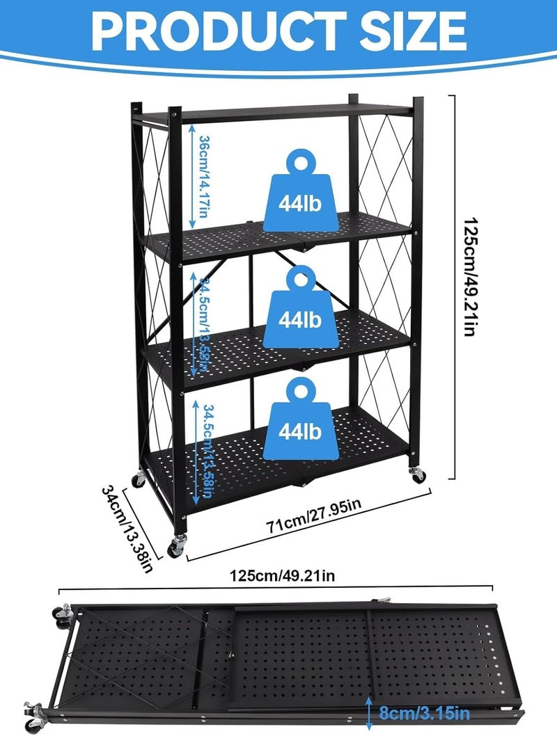 Lanstics 4 Tier Foldable Folding Shelves Heavy Duty Storage Shelving with Wheels Metal Shelf Standing Shelves Units for Home Kitchen Living Room Black - Image 2