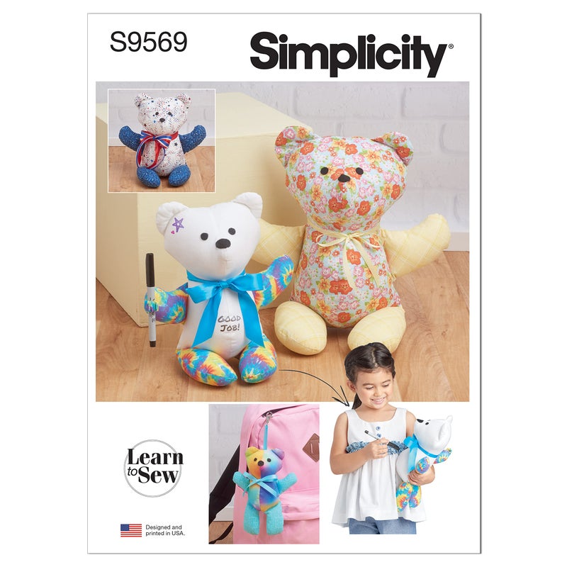 Simplicity SS9569A Memory and Autograph Bear Plush Animal Sewing Pattern Kit, Code S9569, Sizes S-M-L - Image 1